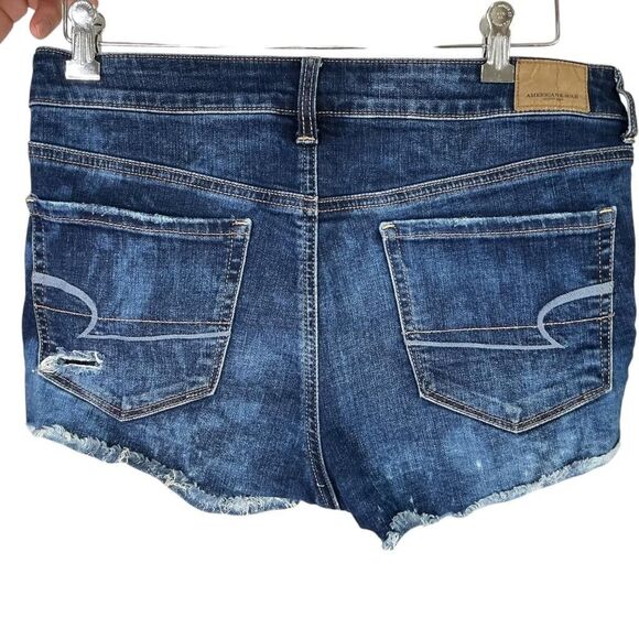 American Eagle Jean Shorts Women 10 Blue Hi-Rise Shortie Super Stretch Distress - Picture 4 of 8